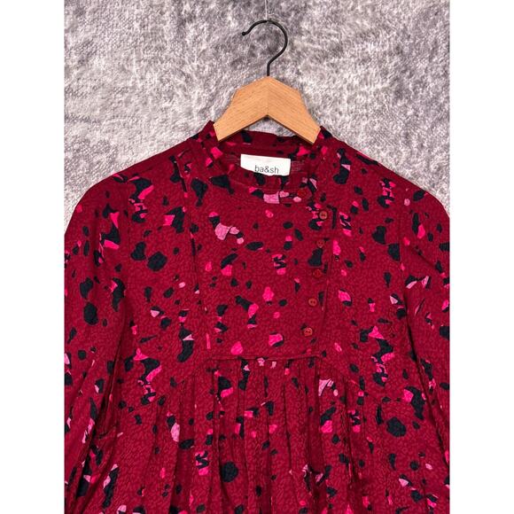 BA&SH Dress 0 Womens Thelma Ruffle Trimmed Satin Red Pink Long Sleeve Mini - Picture 2 of 8